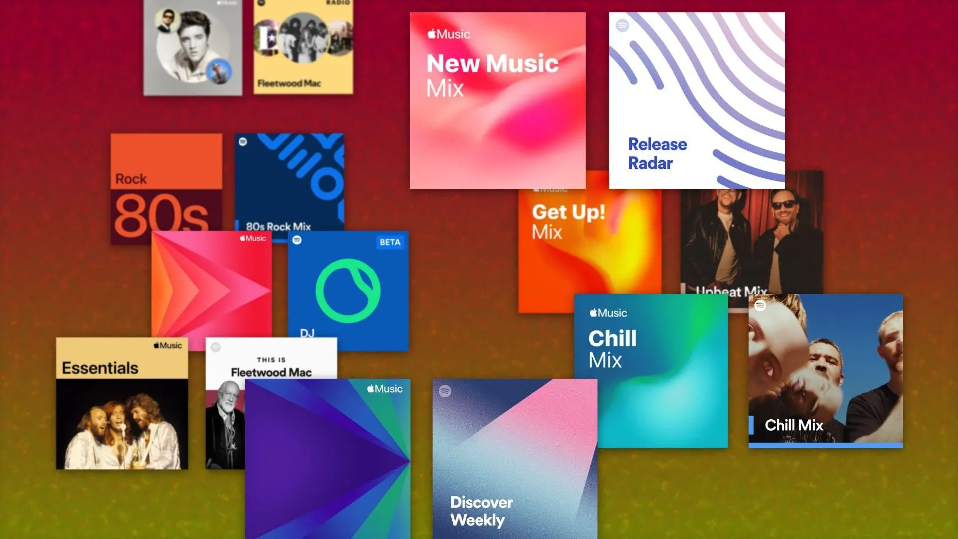 Hình ảnh bìa album nhạc từ Apple Music và Spotify, minh họa sự đa dạng nhưng cũng có giới hạn.