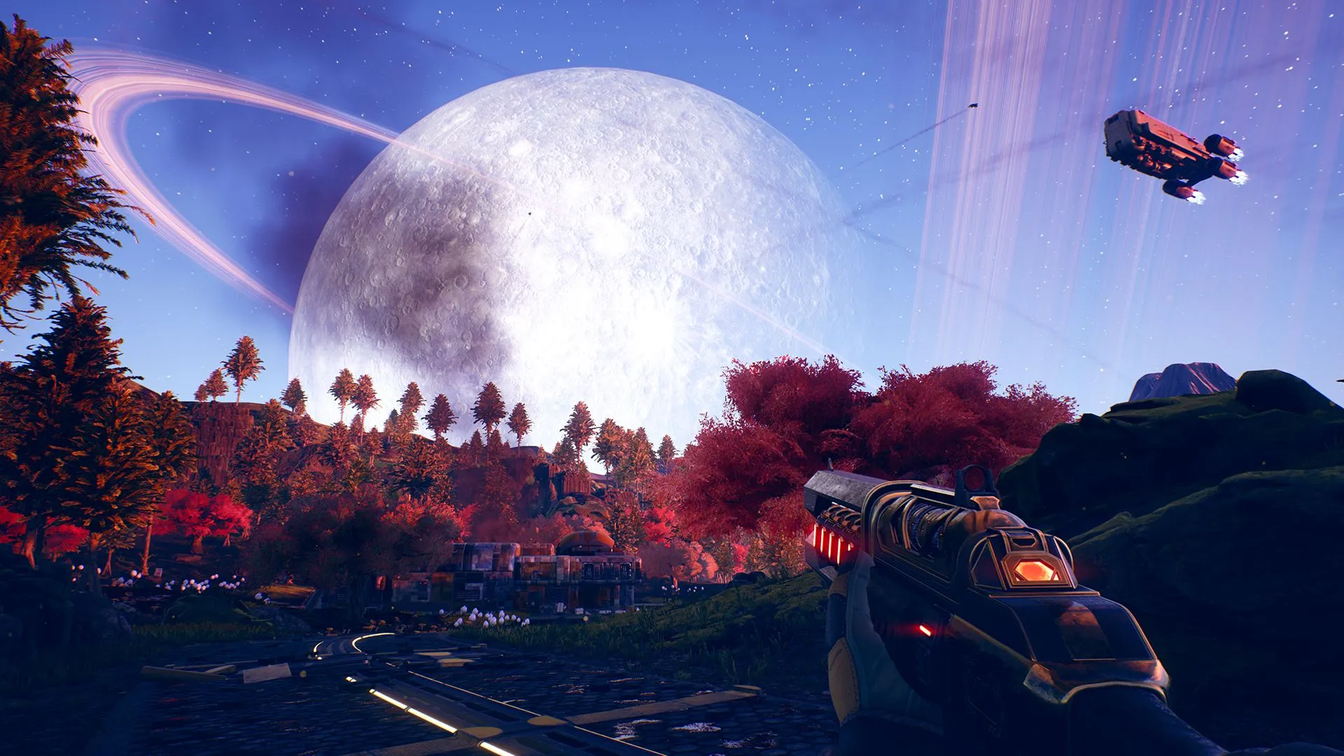 Hình ảnh cận cảnh một cảnh trong The Outer Worlds, nhân vật chính đang đối thoại với một NPC trong môi trường đầy màu sắc, nhấn mạnh yếu tố RPG và các lựa chọn hội thoại.