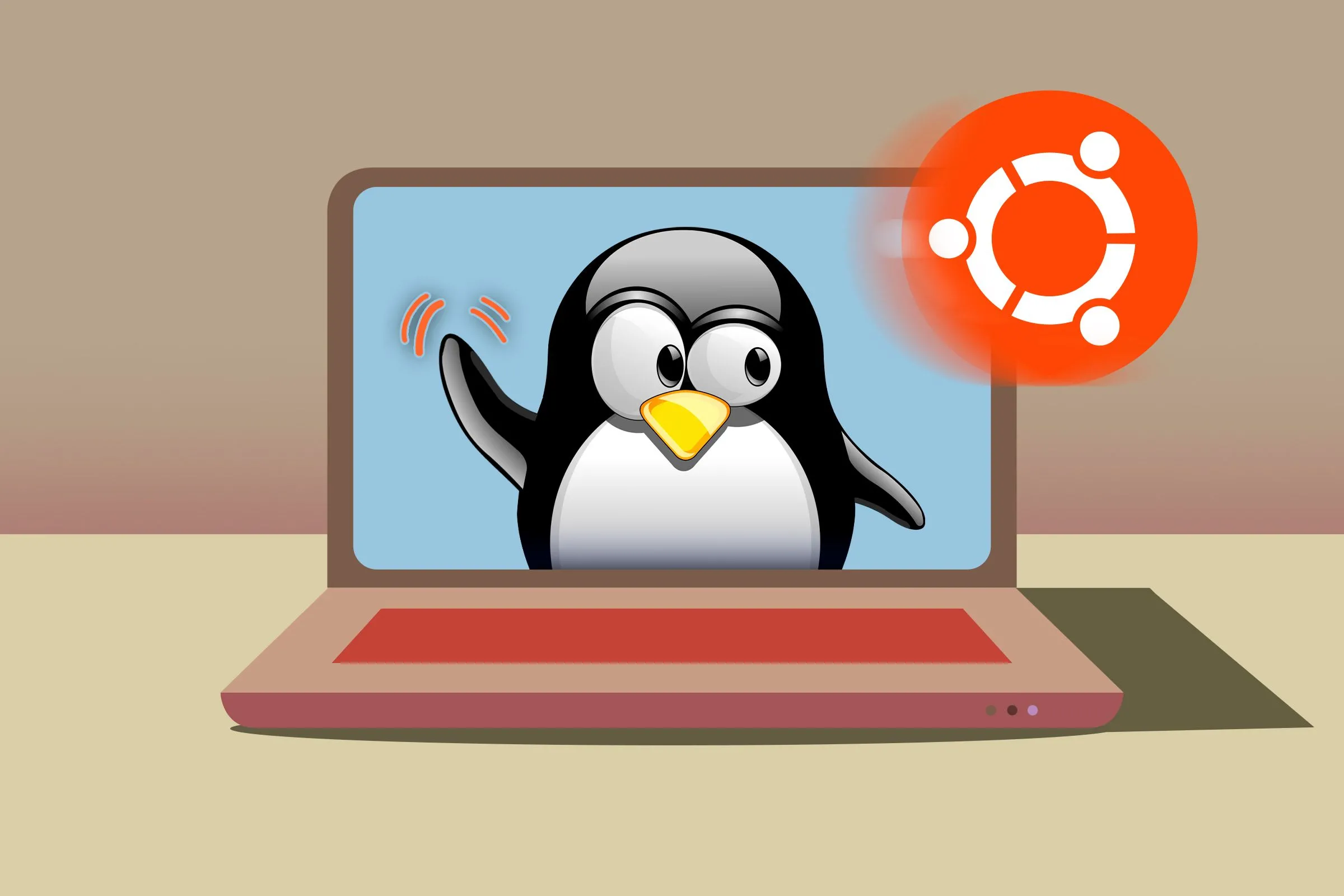 Hình ảnh chiếc laptop hiển thị linh vật Tux của Linux tạm biệt logo Ubuntu, minh họa sự đa dạng của các phiên bản và chu kỳ hỗ trợ.