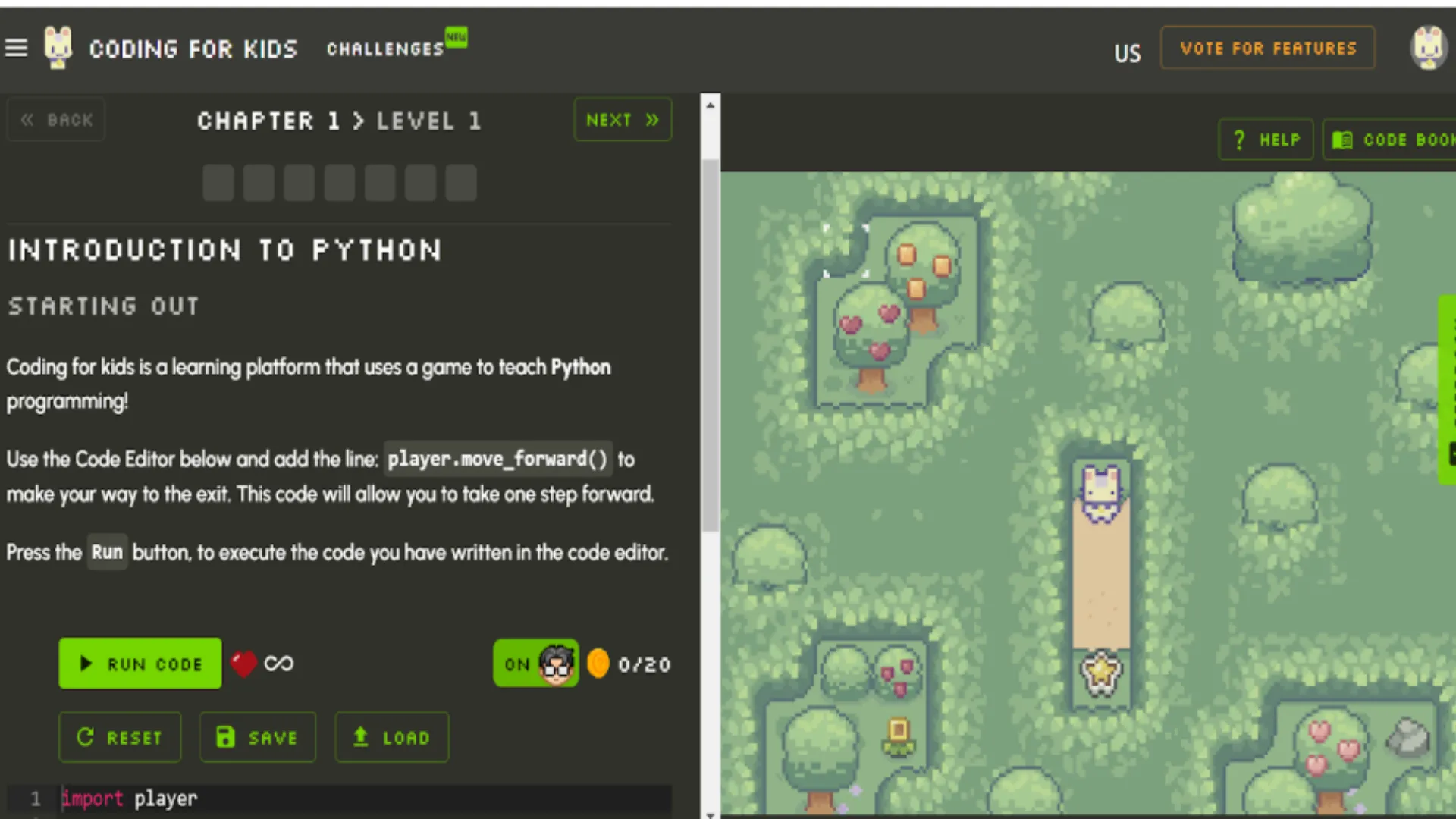 Hình ảnh gameplay của Coding for Kids với đồ họa pixel art, một nền tảng học lập trình trực quan cho trẻ em và người mới bắt đầu.