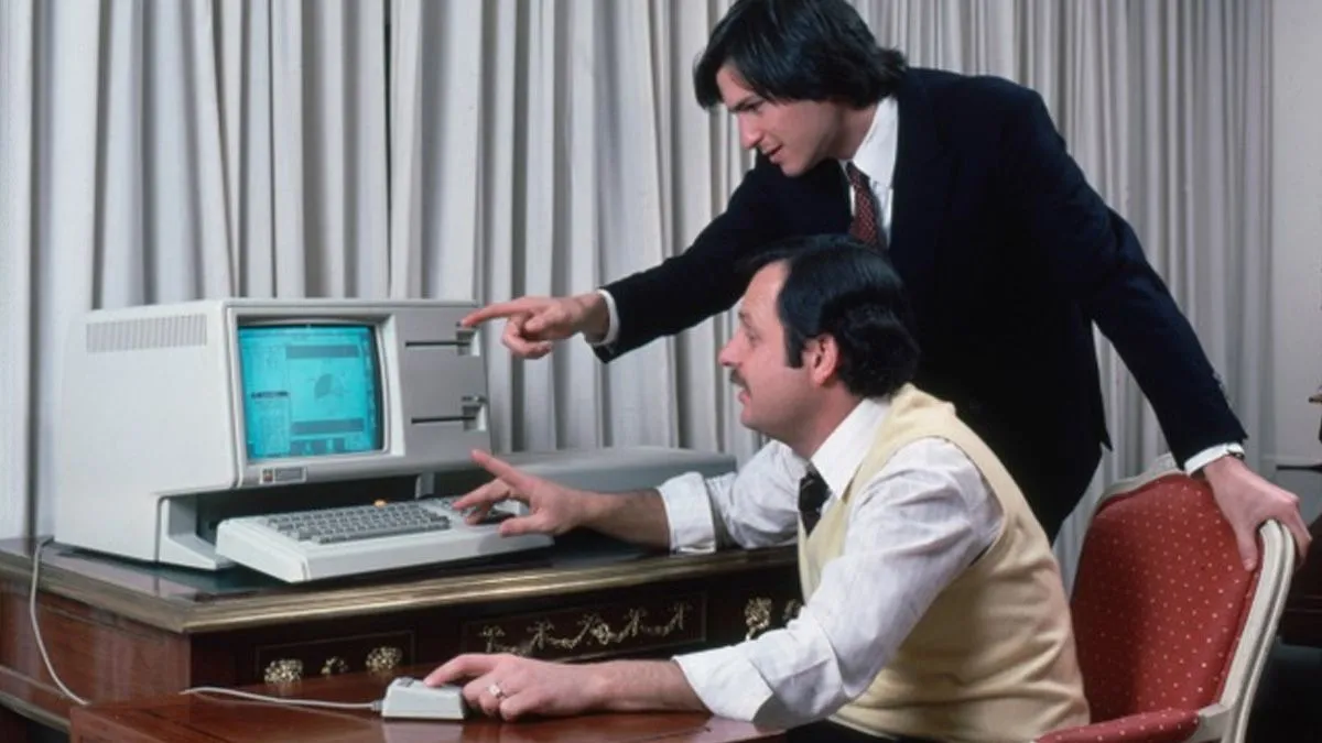 Hình ảnh máy tính Apple Lisa trên bàn làm việc, với Steve Jobs và John Couch phía trước, biểu tượng cho nỗ lực tiên phong về GUI
