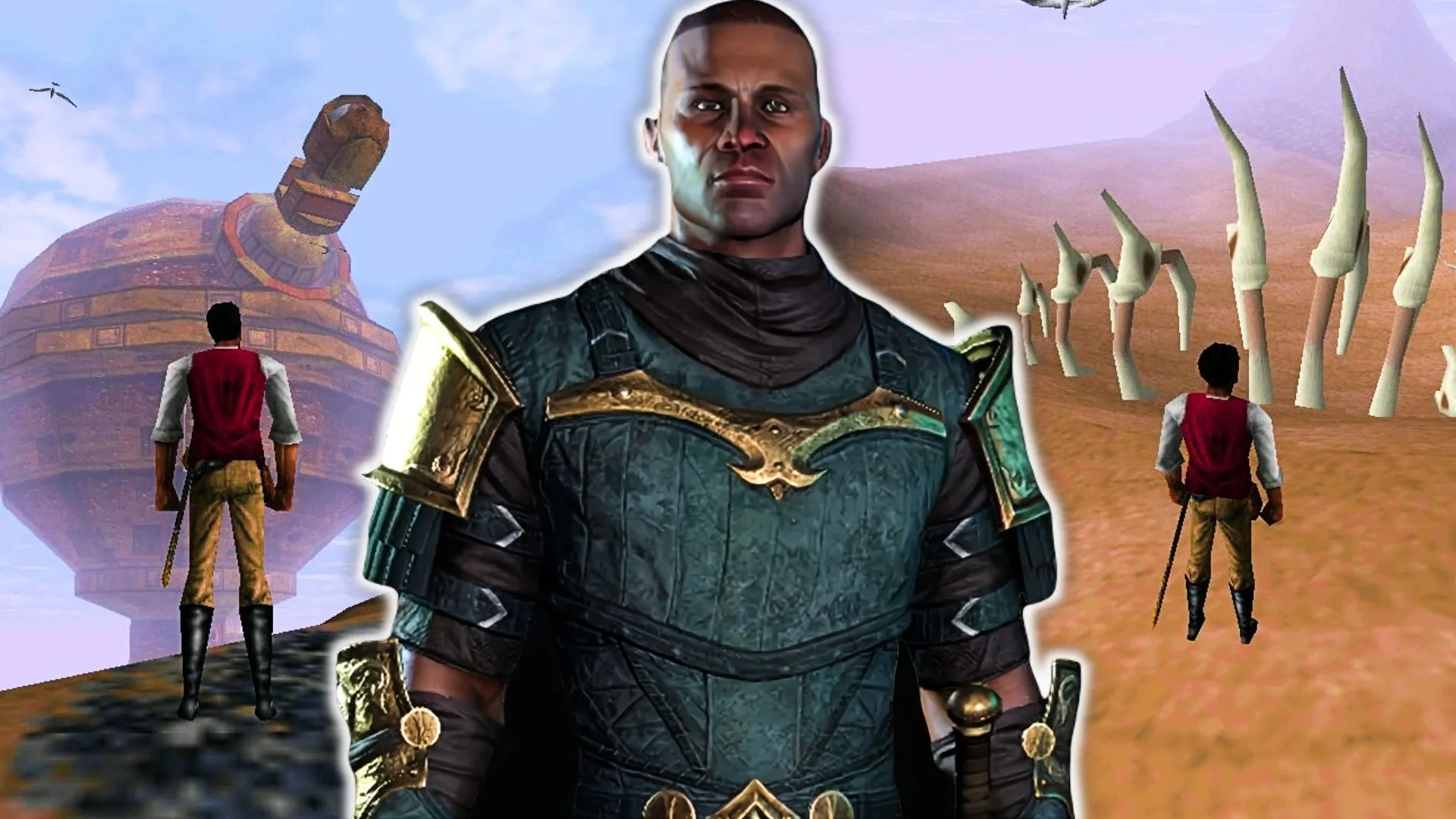 Hình ảnh một Redguard từ The Elder Scrolls Online đứng trước khung cảnh từ TES Adventures, minh họa sự đa dạng vũ trụ Elder Scrolls.
