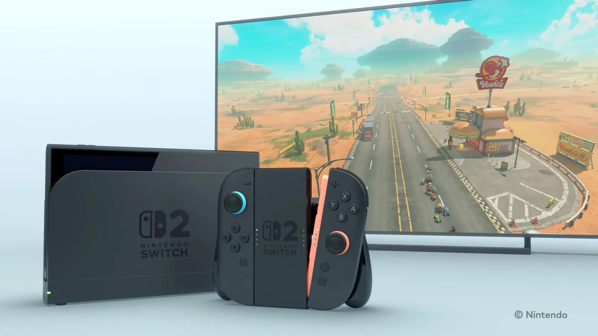 Hình ảnh phác thảo Nintendo Switch 2 bao gồm console, tay cầm Joy-Con mới và hình ảnh Mario Kart trên TV, báo hiệu thế hệ máy chơi game mới.