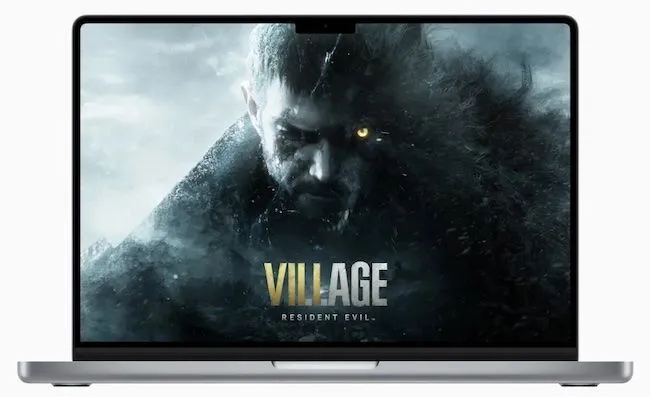 Hình ảnh quảng bá game Resident Evil Village chạy trên MacBook.