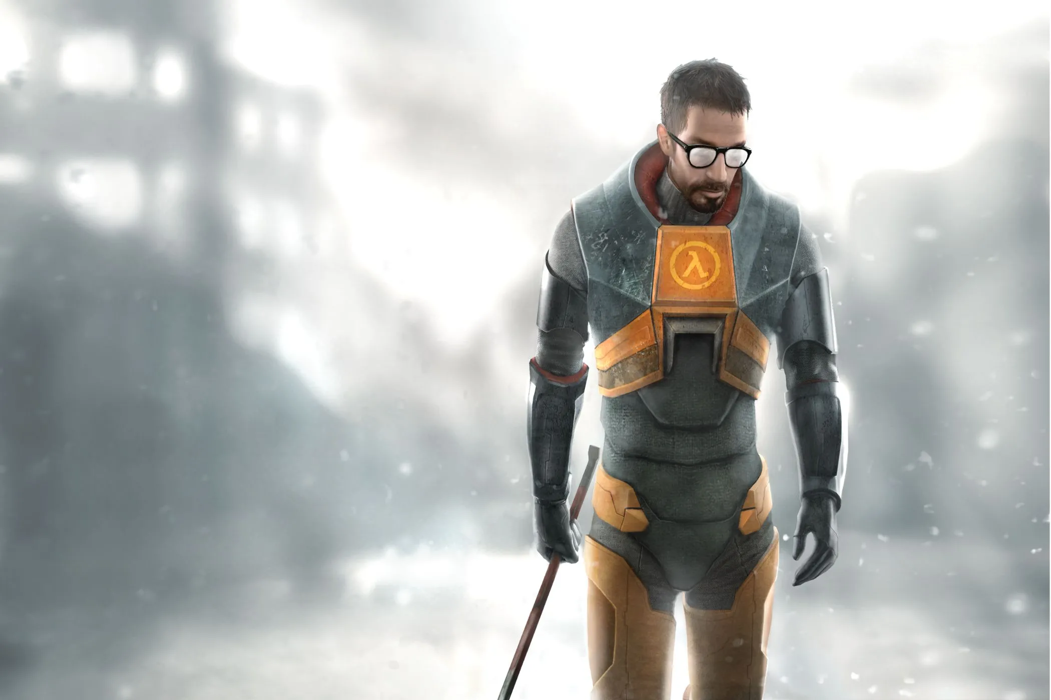 Hình ảnh quảng cáo Half-Life 2 với Gordon Freeman và cây xà beng đặc trưng của anh.