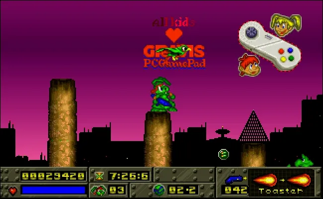 Hình ảnh tay cầm Gravis PC Gamepad đang sử dụng trong trò chơi Jazz Jackrabbit, một tựa game platformer kinh điển.