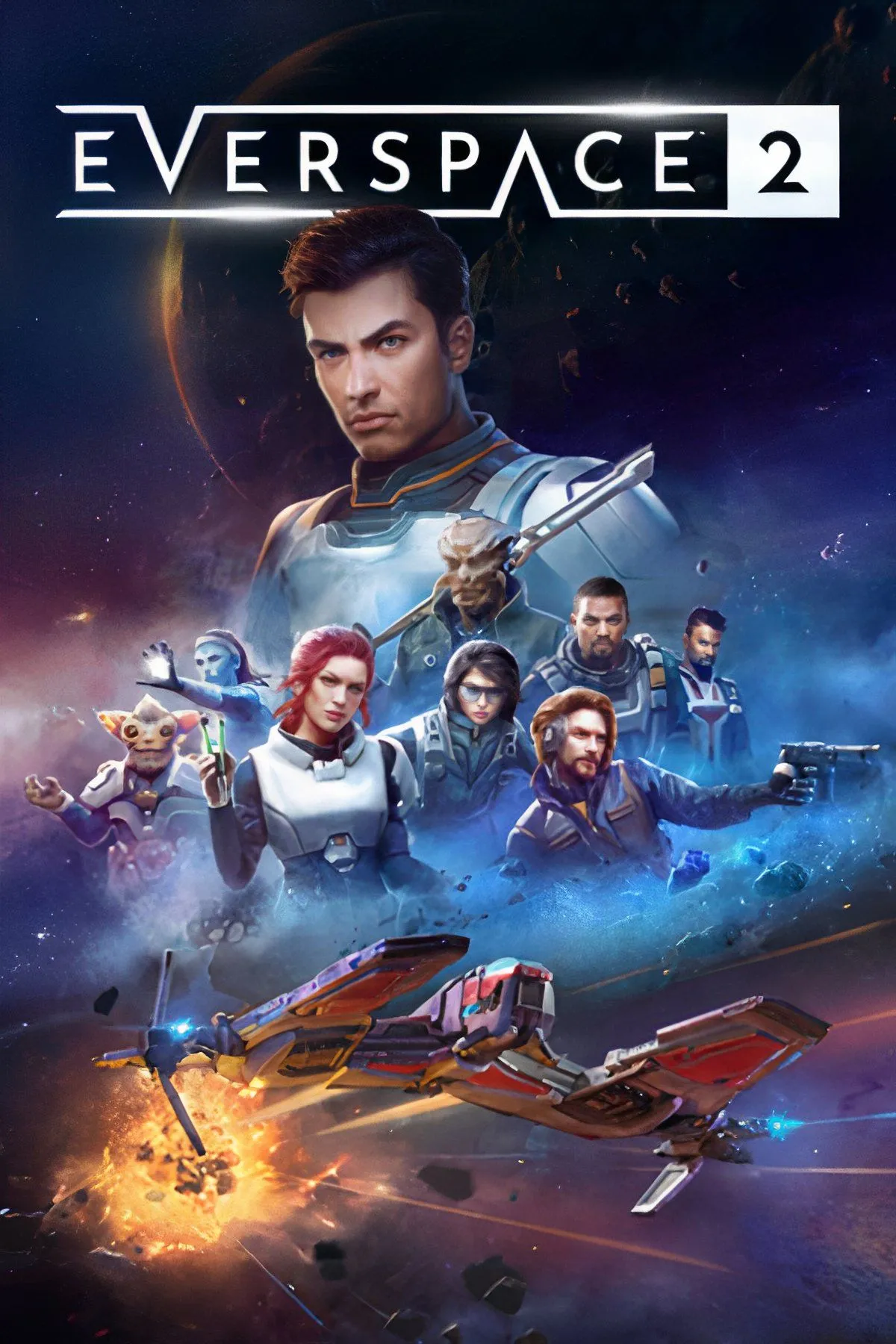Hình ảnh trong game Everspace 2, một phi thuyền đang bay lượn giữa không gian với các thiên thạch và hiệu ứng ánh sáng, thể hiện trận chiến không gian tốc độ cao.