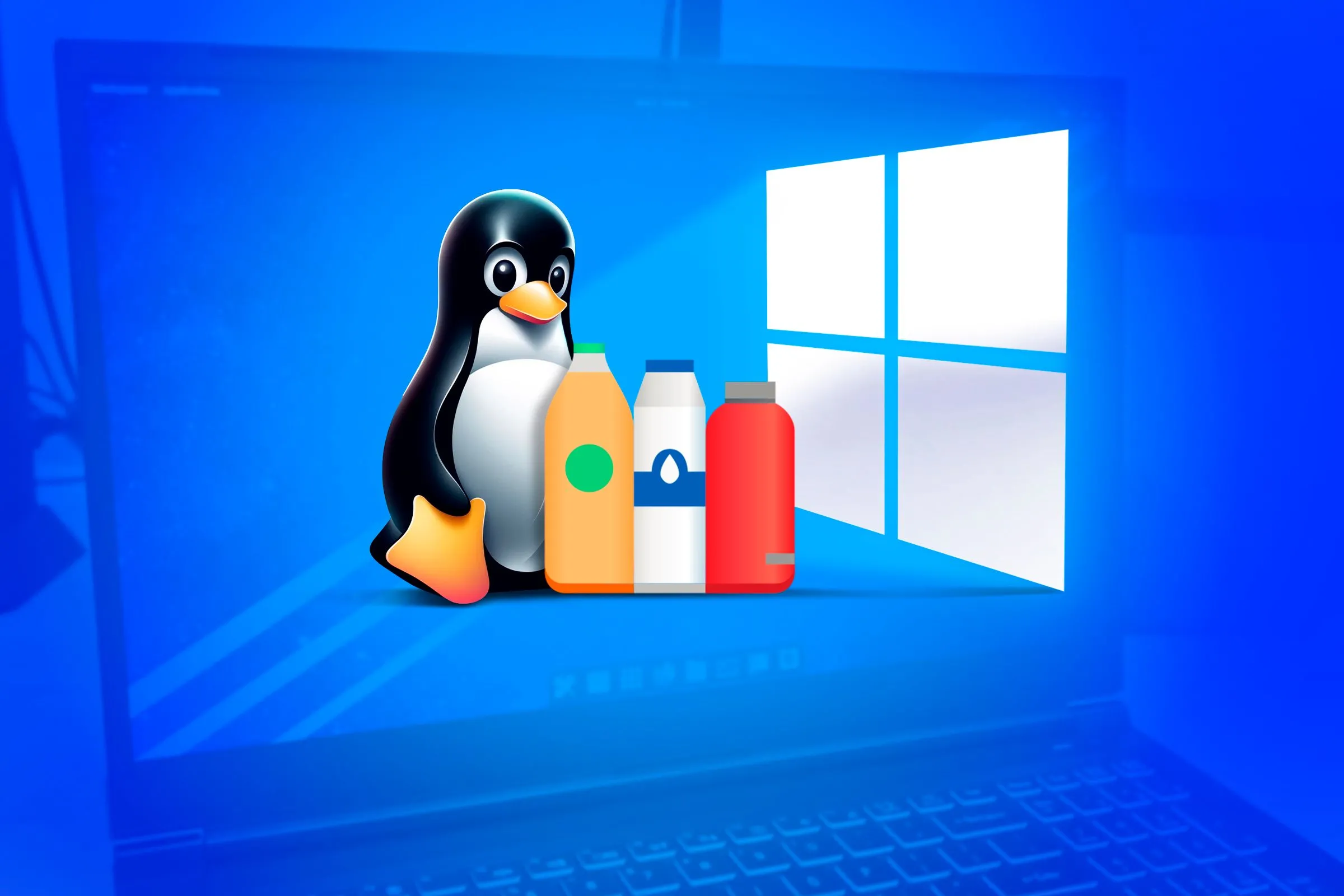 Hình ảnh Tux Linux và logo Bottles đối diện logo Windows, tượng trưng cho khả năng chạy ứng dụng Windows trên Linux.