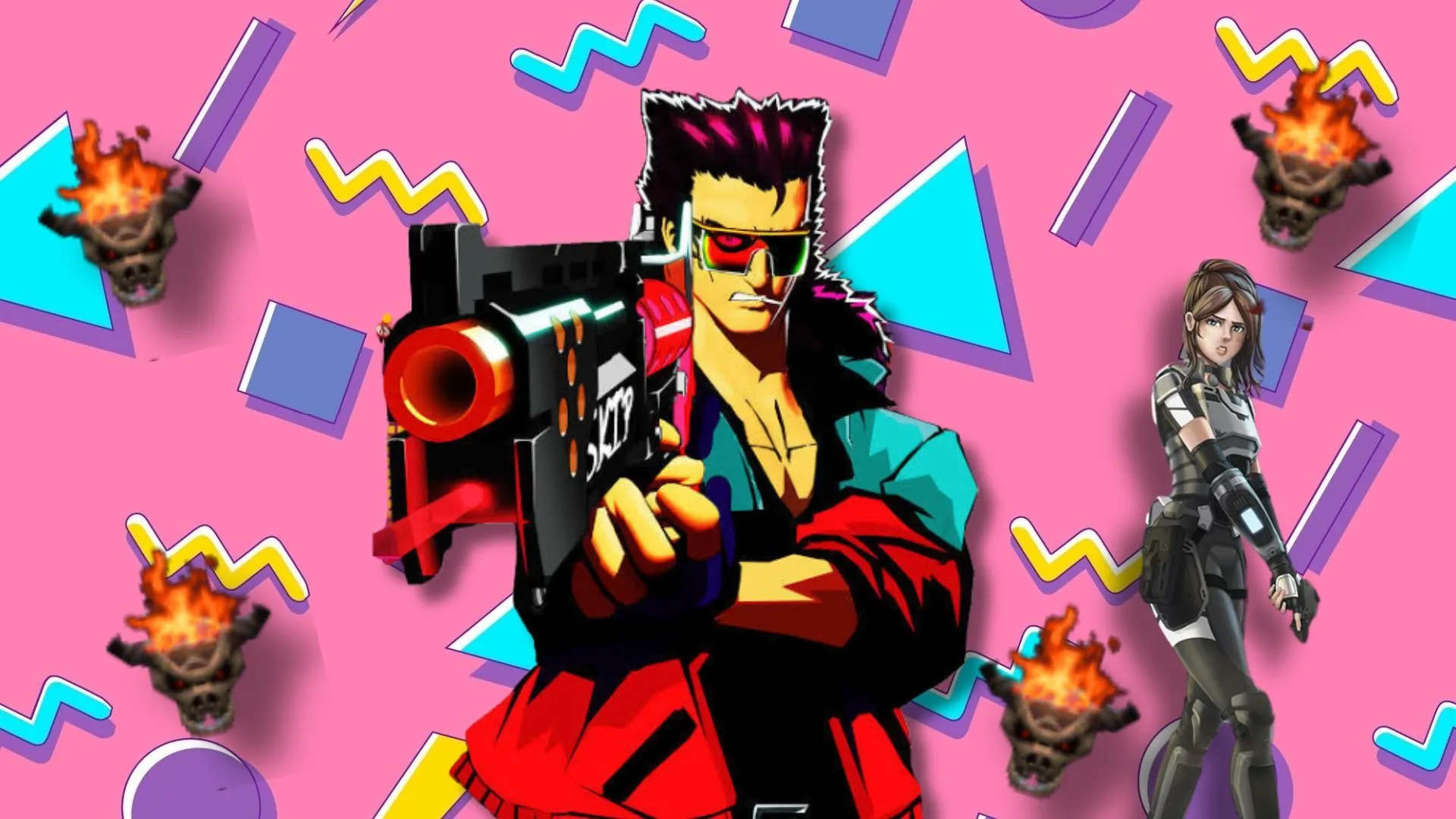 Hình nền phong cách thập niên 90 với các sprite game 'boomer shooter', minh họa khả năng theo dõi tiến độ kỹ năng qua các bản ghi gameplay.