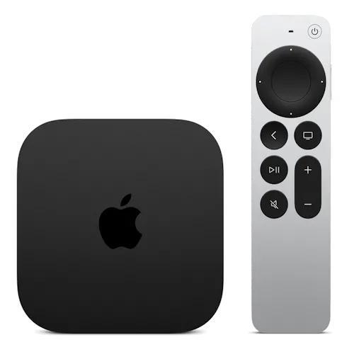 Hộp Apple TV 4K với logo Apple và chữ 4K nổi bật, thể hiện thiết kế sang trọng