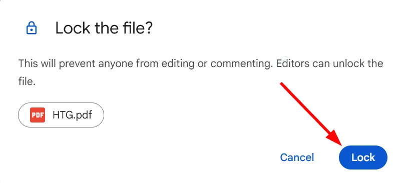 Hộp thoại xác nhận khóa tệp tin trong Google Drive với thông báo 'Khóa tệp?'