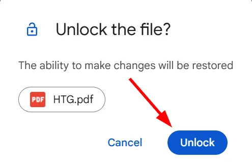 Hộp thoại xác nhận mở khóa tệp tin trong Google Drive