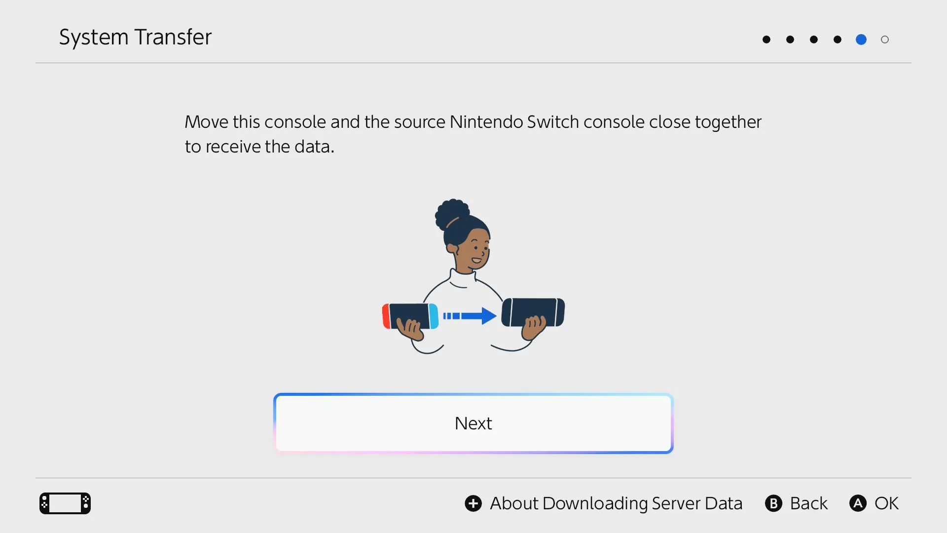 Hướng dẫn đặt hai máy Nintendo Switch (cũ và 2) gần nhau để bắt đầu quá trình chuyển dữ liệu không dây.
