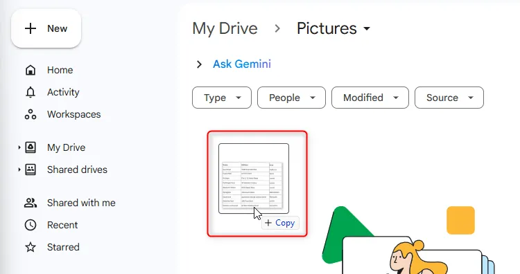 Kéo thả tệp hình ảnh từ máy tính vào giao diện Google Drive để tải lên.