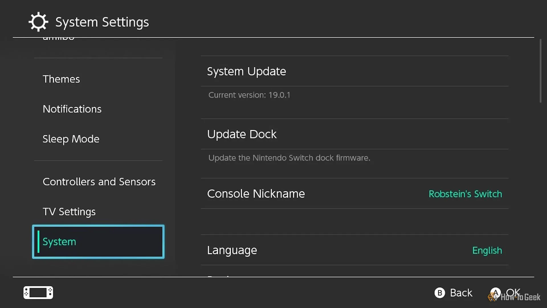 Kiểm tra phiên bản hệ thống Nintendo Switch trong cài đặt cập nhật