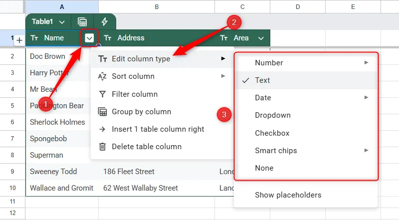 Kiểm tra và thiết lập kiểu dữ liệu (ví dụ: Văn bản) cho cột trong bảng Google Sheets đã định dạng.