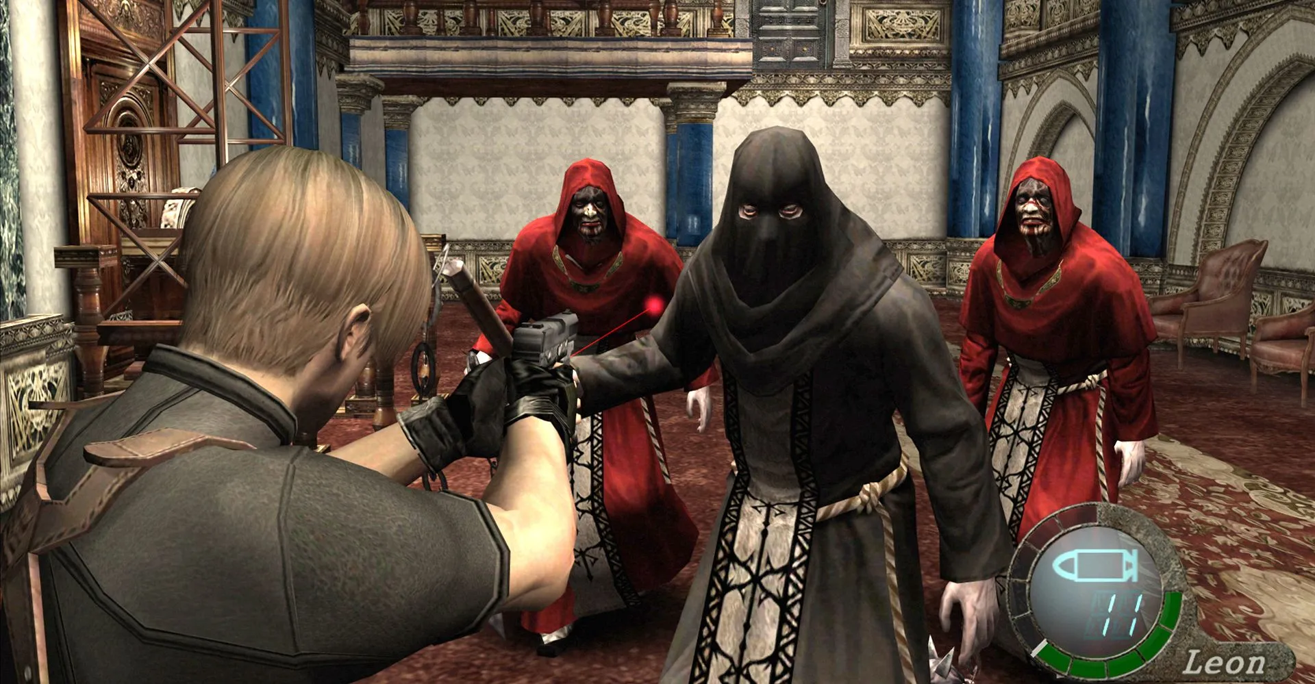 Leon S. Kennedy chiến đấu với giáo phái trong Resident Evil 4, minh họa yếu tố hành động.