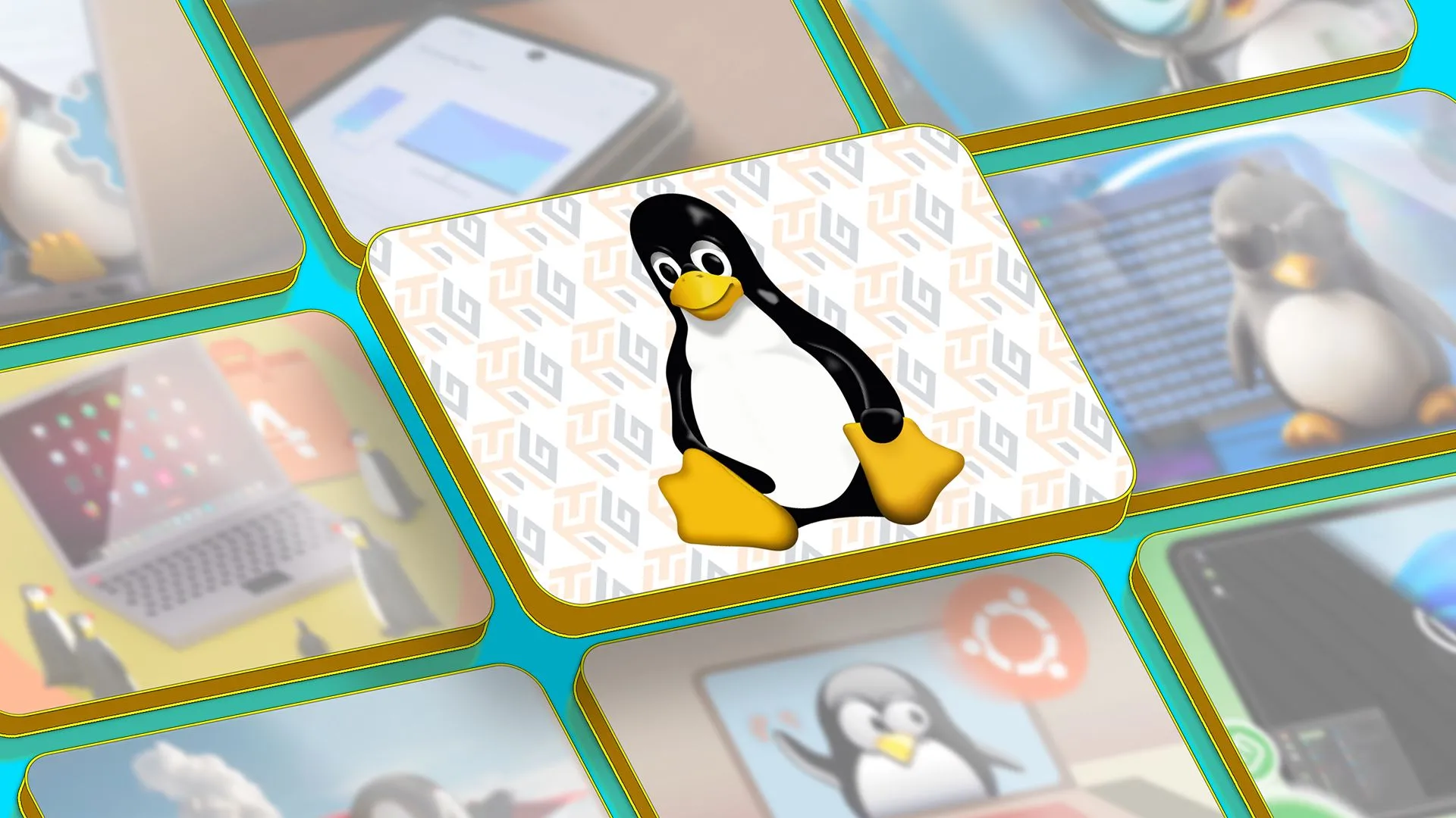 Linh vật Linux ở giữa màn hình với một số hình ảnh nổi bật của bài viết bên cạnh