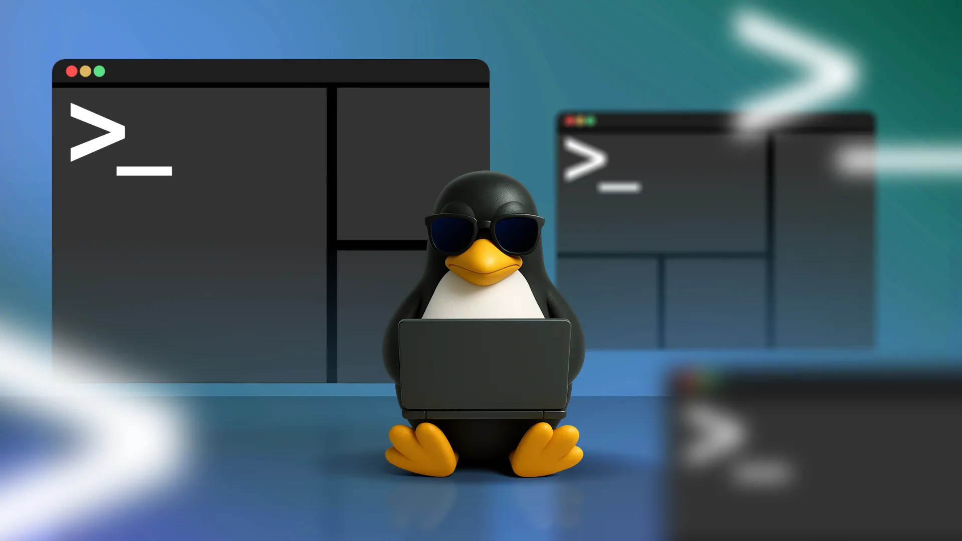 Linh vật Linux Tux bên cạnh một chiếc laptop với nhiều cửa sổ terminal, thể hiện khả năng tùy biến và các công cụ chuyên biệt trên Linux.