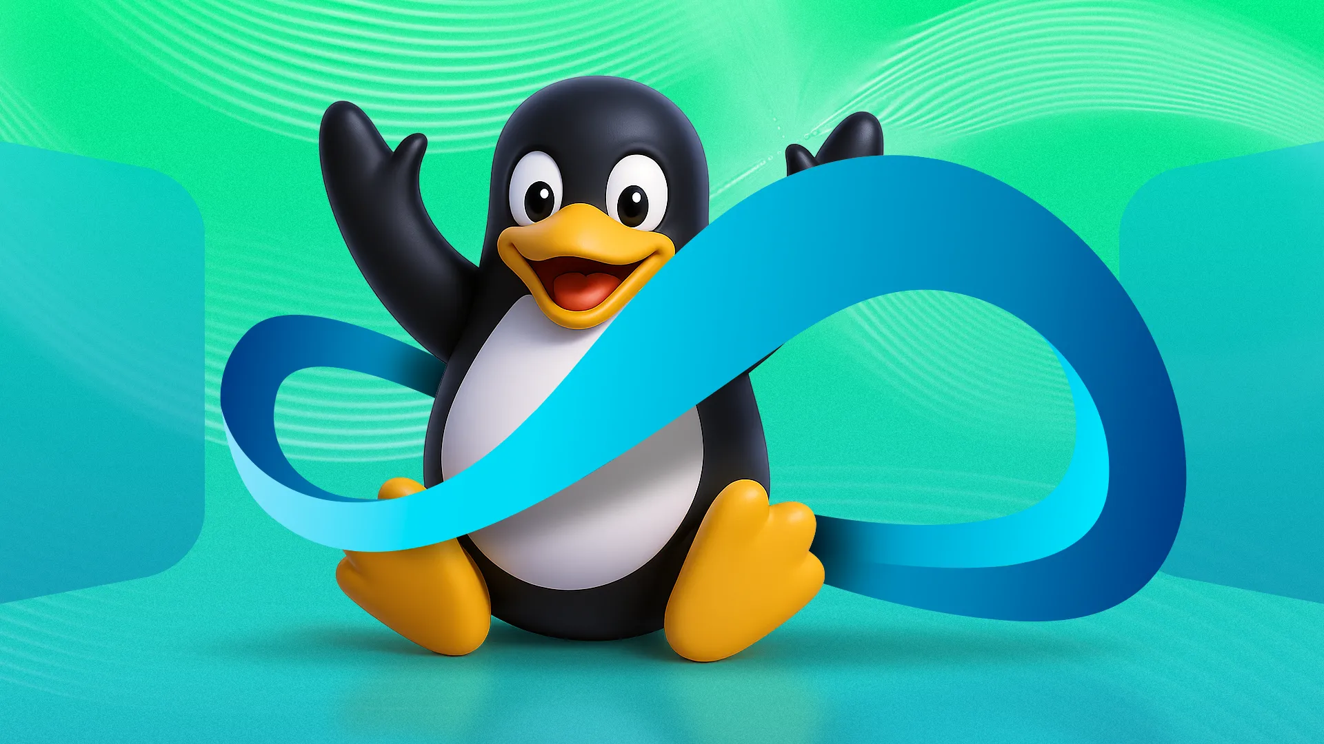 Linh vật Linux Tux cùng biểu tượng vô cực, tượng trưng cho chu kỳ cập nhật liên tục của các bản phân phối Linux Rolling Release.