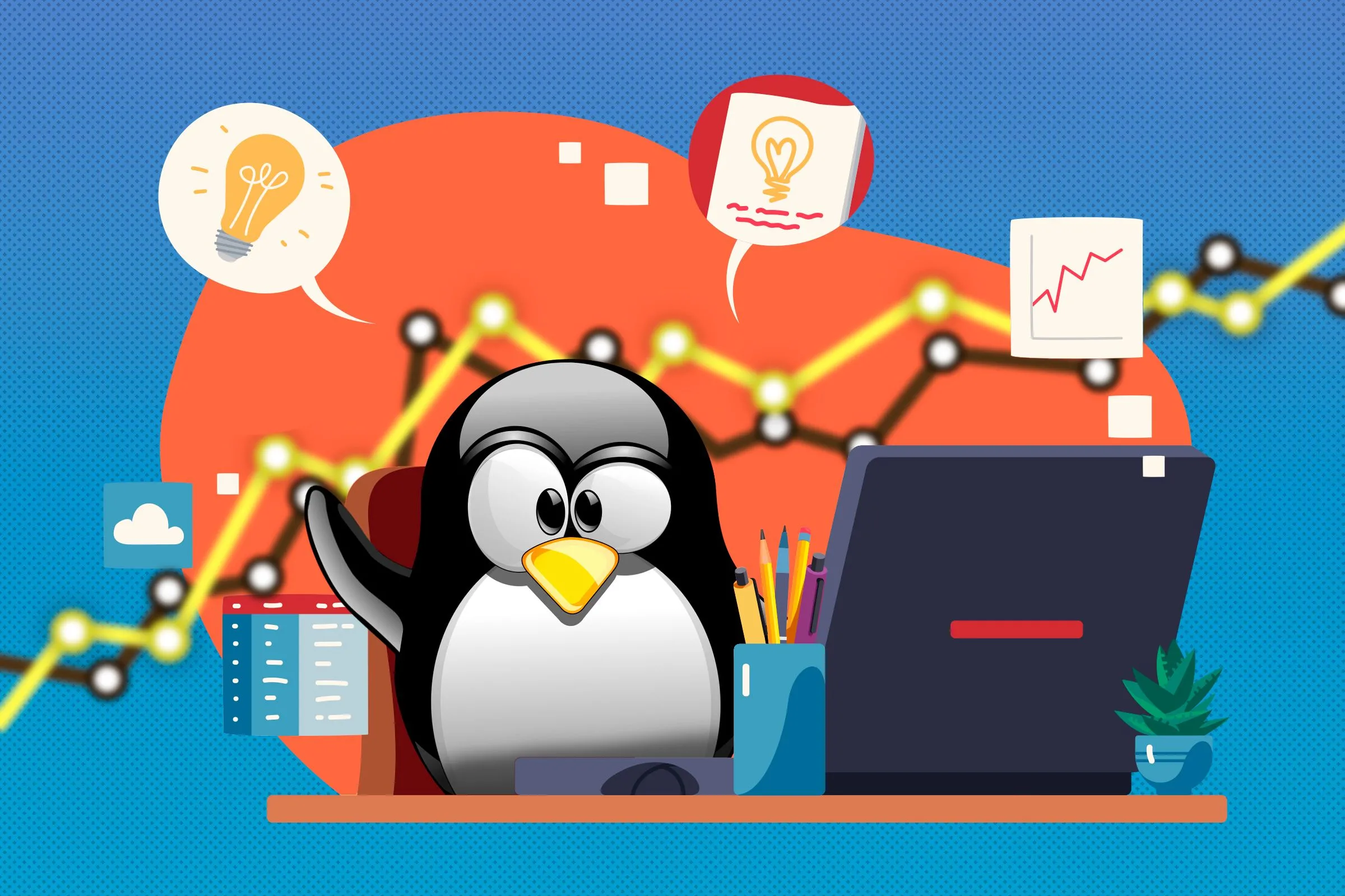 Linh vật Linux Tux ngồi tại bàn làm việc với các biểu tượng liên quan đến năng suất, minh họa tính linh hoạt của Linux cho các quy trình làm việc khác nhau.