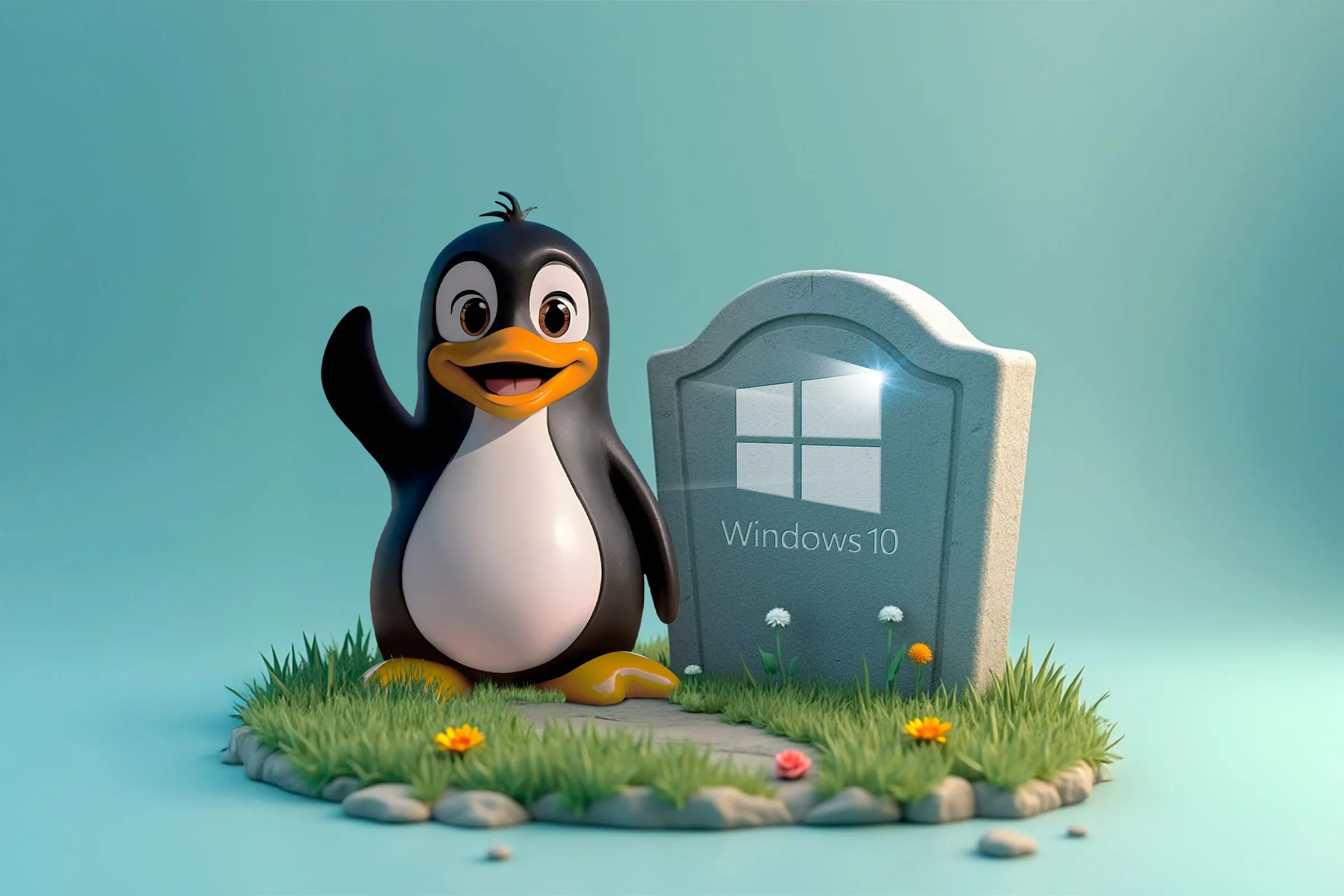 Linh vật Linux vẫy tay bên cạnh bia mộ có logo Windows 10, tượng trưng cho sự chuyển dịch từ Windows sang Linux trong chơi game