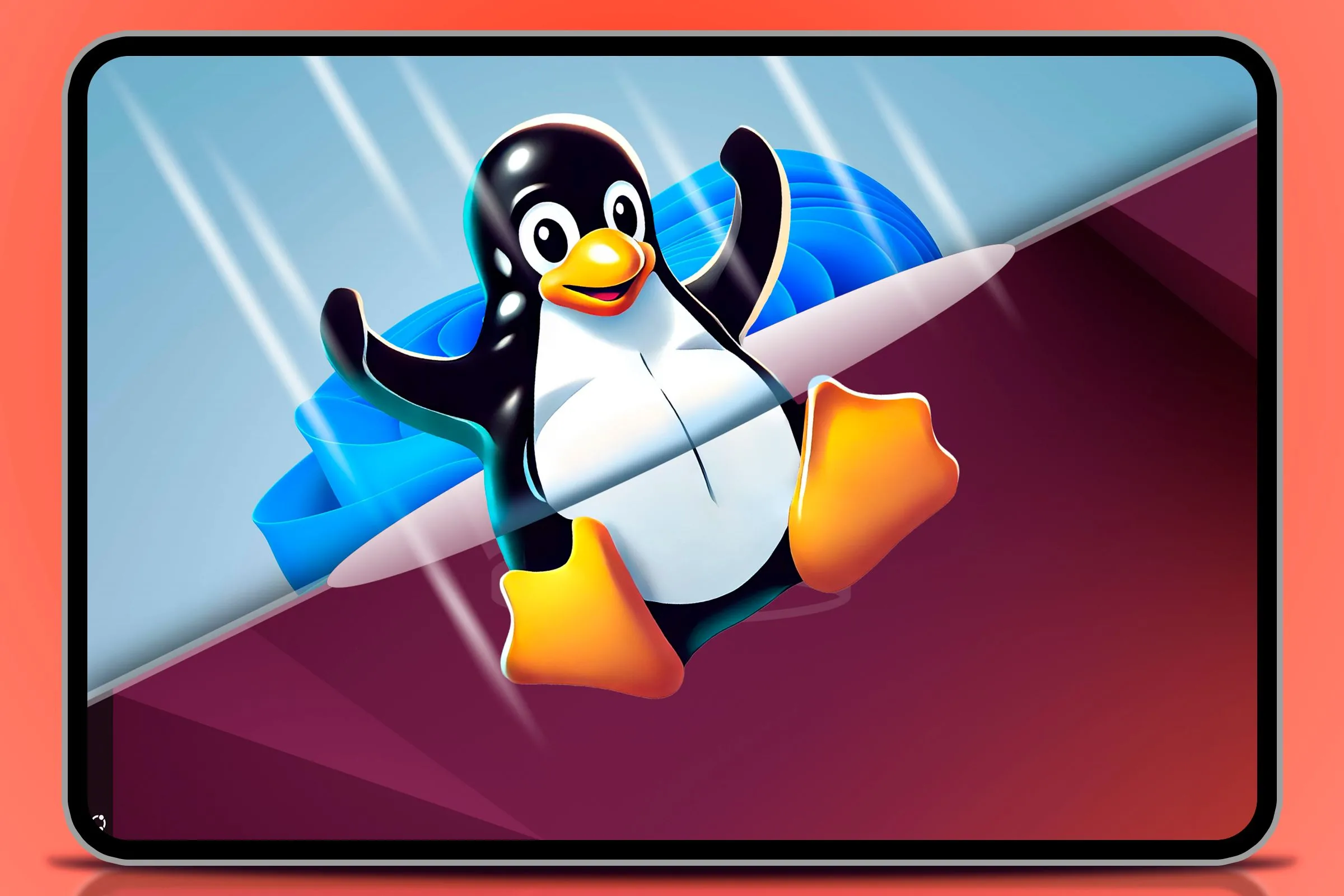 Linh vật Tux chuyển đổi từ Windows sang Linux, tượng trưng cho việc sử dụng Kdenlive đa nền tảng.