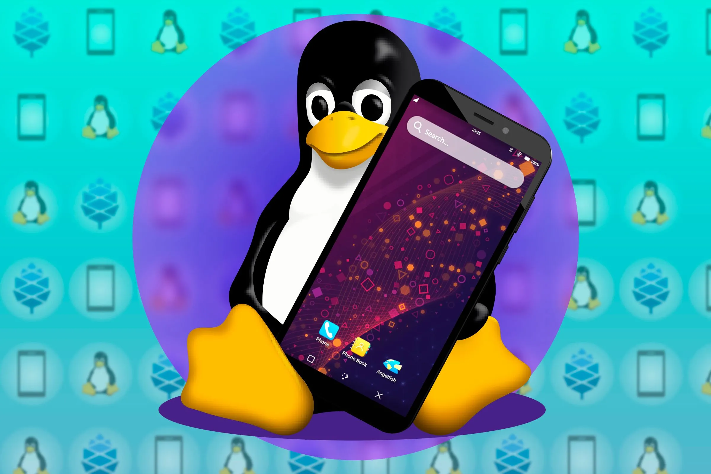 Linh vật Tux của Linux cầm điện thoại, đại diện cho các dự án mã nguồn mở đang cần hỗ trợ tài chính.