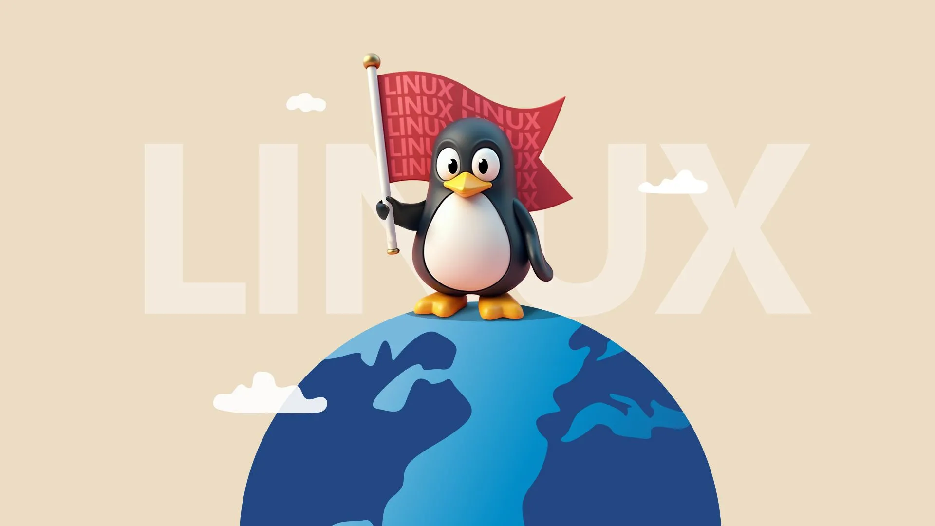 Linh vật Tux của Linux đứng trên quả địa cầu, biểu tượng cho sự phổ biến rộng khắp của hệ điều hành này.