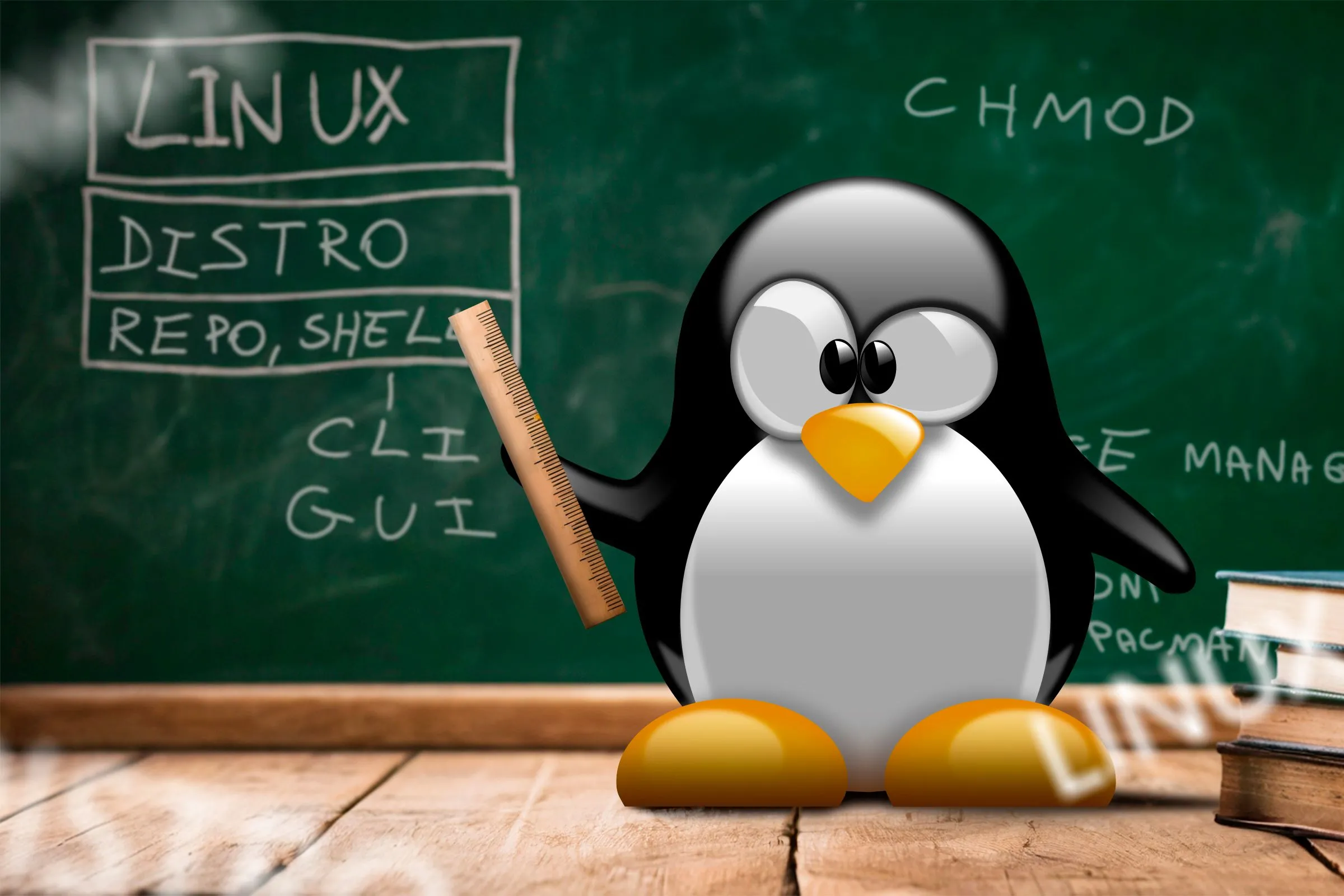 Linh vật Tux của Linux đứng trước bảng đen, giảng giải các thuật ngữ Linux, liên quan đến các trình soạn thảo văn bản như Pico và Nano