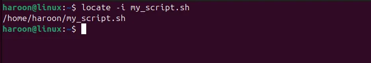 Locating the file using its name with locate command in Ubuntu terminal.