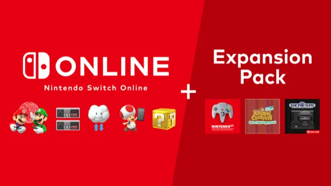Logo dịch vụ Nintendo Switch Online + Expansion Pack, minh họa các tiện ích chơi game trực tuyến và thư viện game cổ điển.