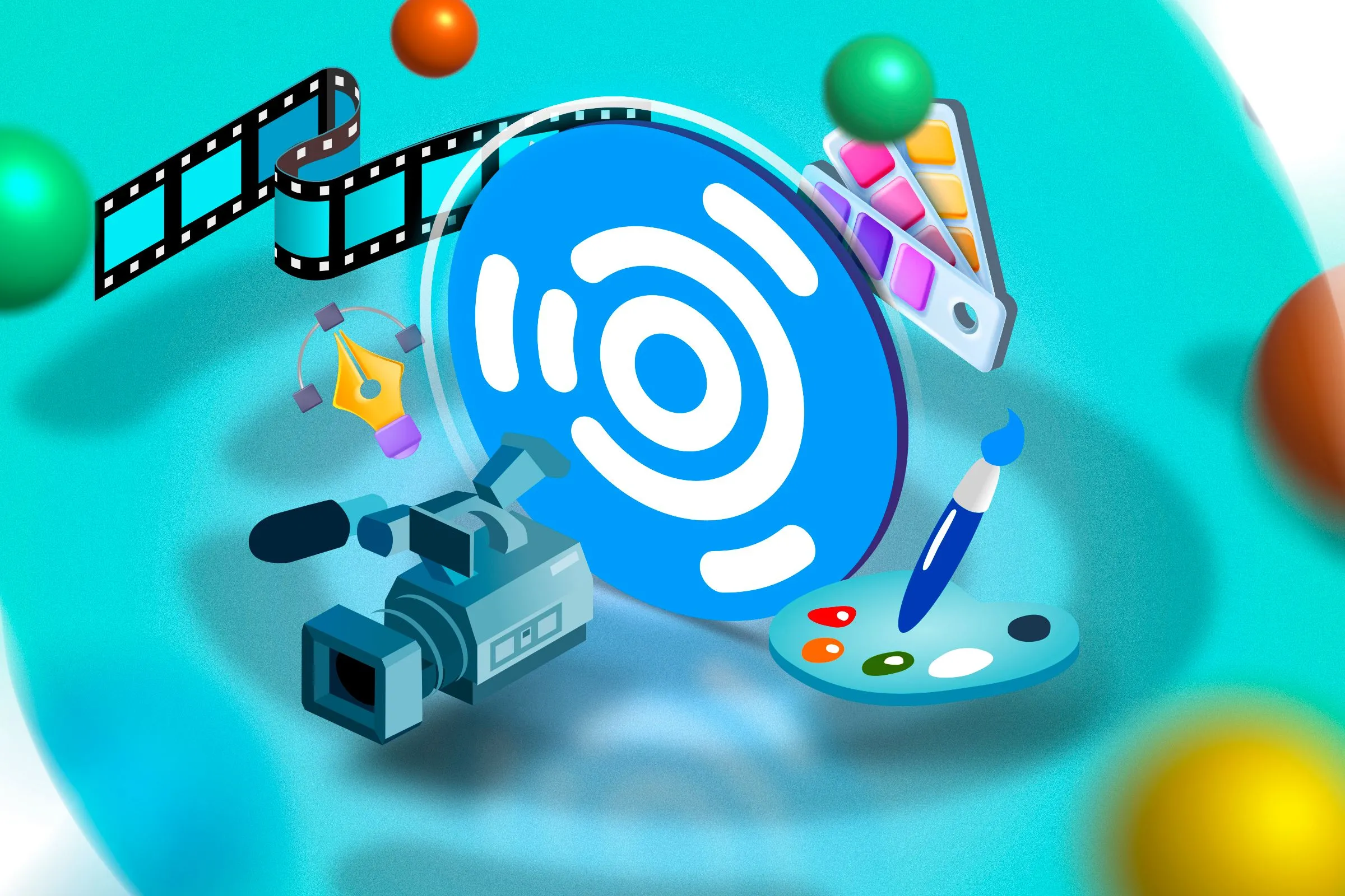 Logo Ubuntu Studio với các hình minh họa yếu tố sáng tạo xung quanh