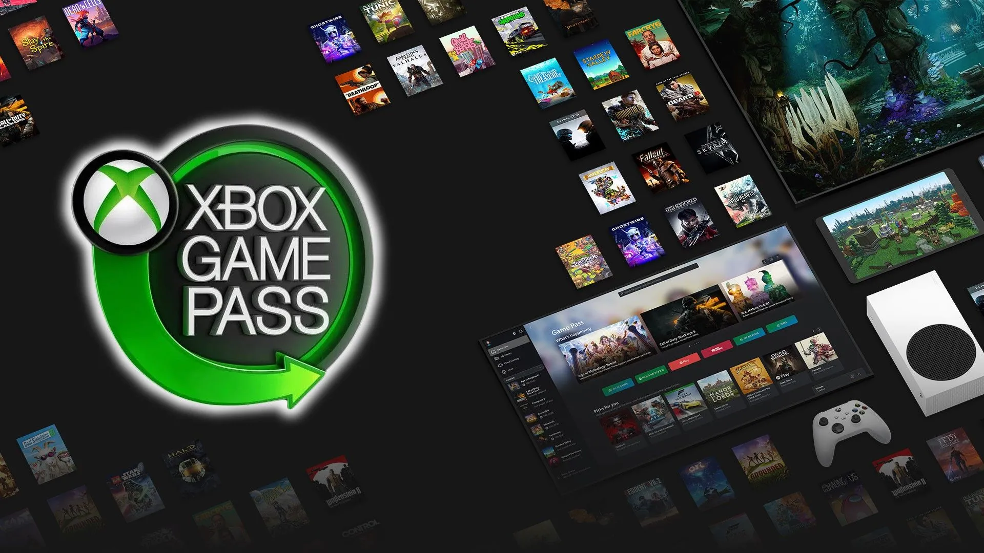 Logo Xbox Game Pass cùng các tựa game và máy Xbox Series S, minh họa khả năng quản lý thông tin Game Pass của Copilot