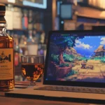 MacBook Pro chơi game với phần mềm tương thích Whiskey, minh họa khả năng gaming trên laptop di động.