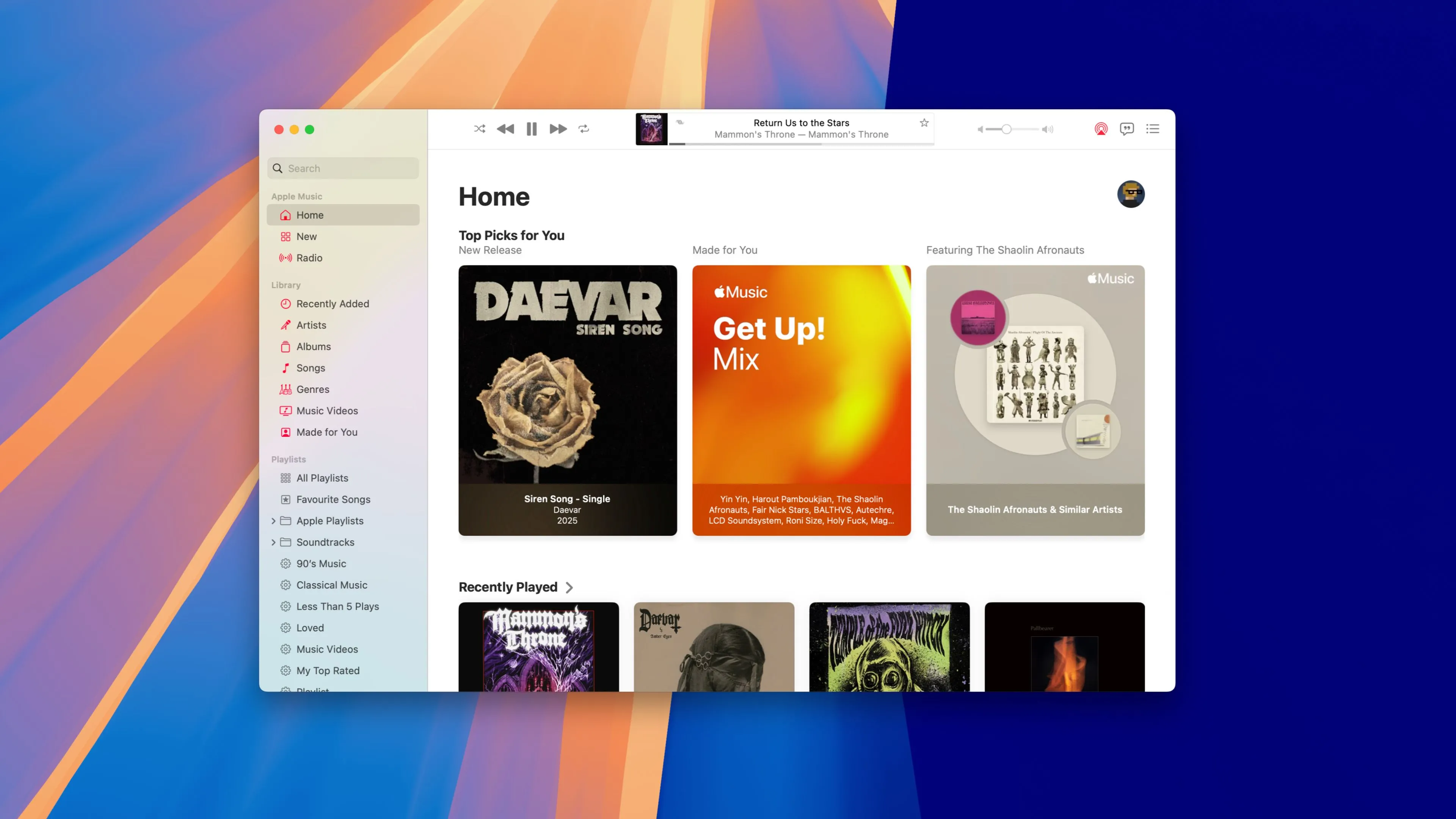 Màn hình Apple Music trên macOS Sequoia hiển thị giao diện và các đề xuất nhạc.