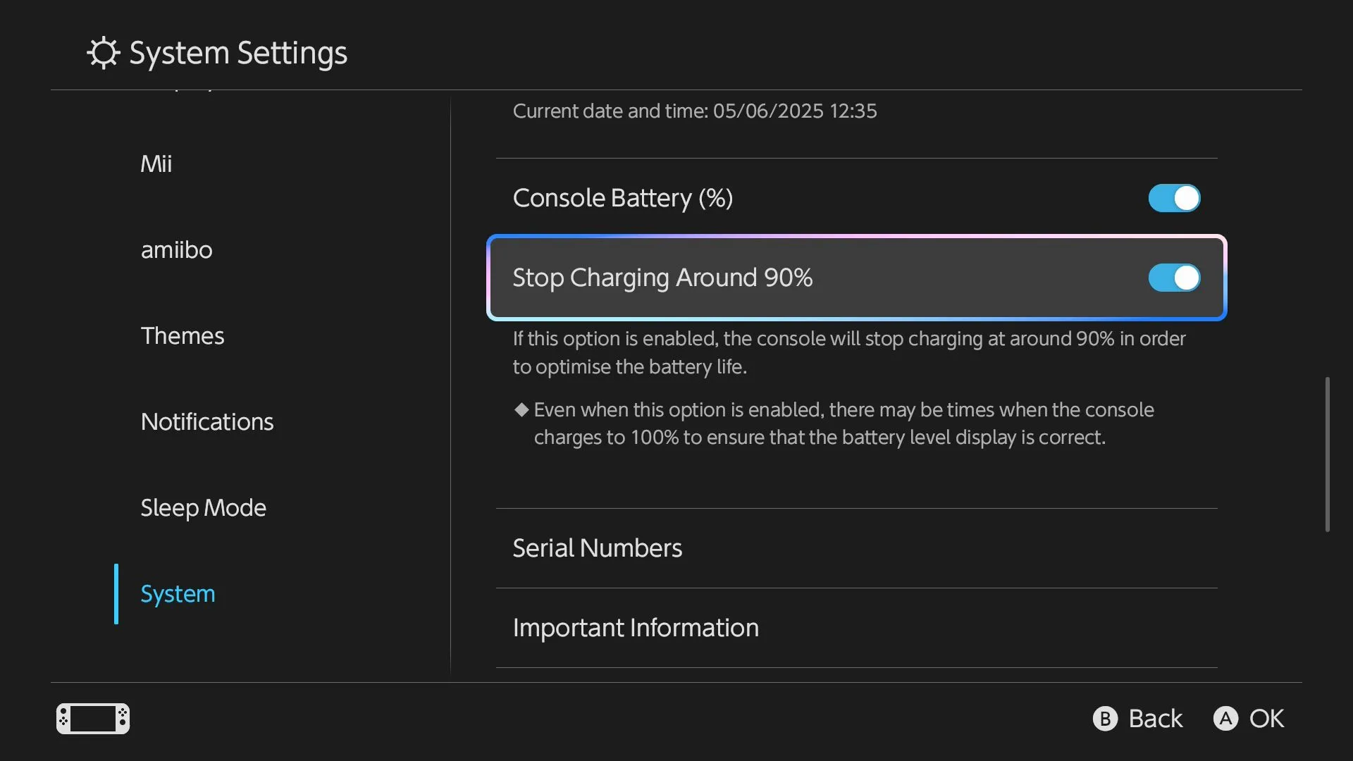 Màn hình cài đặt 'Giới hạn sạc khoảng 90%' trong phần Cài đặt Hệ thống của Nintendo Switch 2.