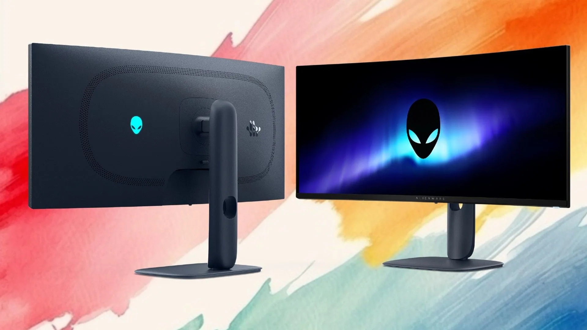 Màn hình chơi game Alienware 34 inch QD-OLED 240Hz, với thiết kế hiện đại trên nền màu sắc nổi bật.