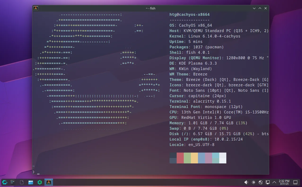Màn hình desktop CachyOS với môi trường KDE Plasma và cửa sổ terminal Alacritty
