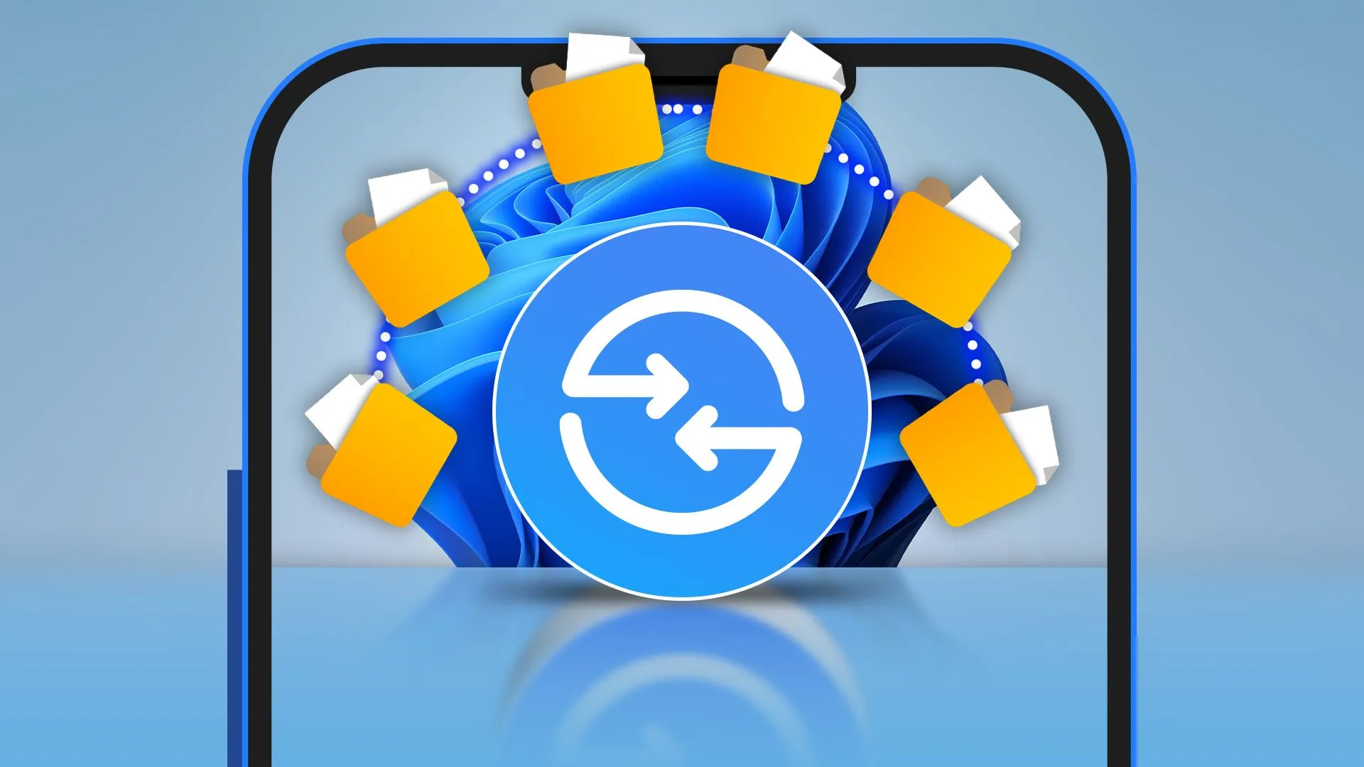 Màn hình điện thoại hiển thị logo Quick Share, các thư mục file và hình nền Windows 11, minh họa khả năng chia sẻ file nhanh chóng giữa các thiết bị Android và Windows.