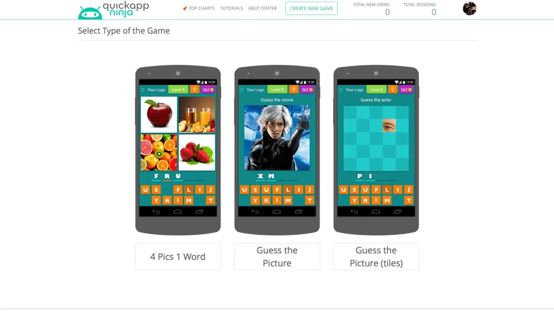 Màn hình game đố vui tạo bằng QuickAppNinja, hiển thị nhân vật Storm từ X-Men, minh họa khả năng tạo quiz game không cần code.