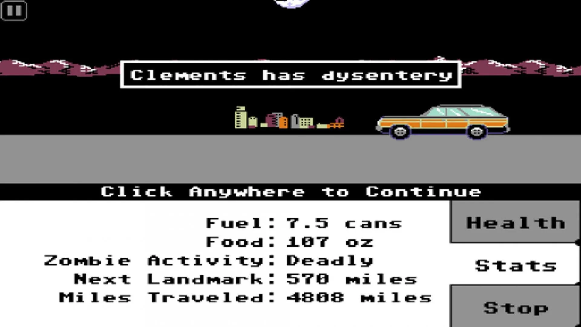 Màn hình gameplay Organ Trail với xe cộ và môi trường pixel 16-bit