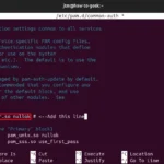 Màn hình terminal Ubuntu hiển thị cách thêm dòng cấu hình Google Authenticator vào tệp common-auth