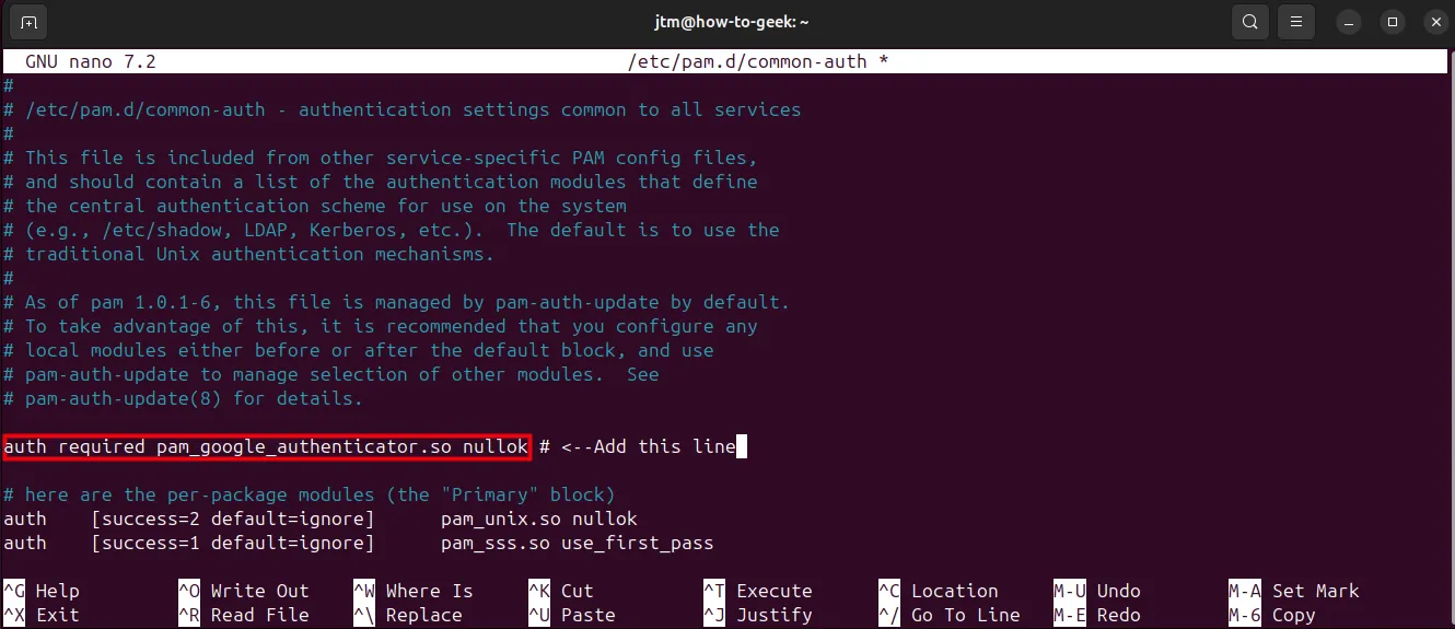 Màn hình terminal Ubuntu hiển thị cách thêm dòng cấu hình Google Authenticator vào tệp common-auth