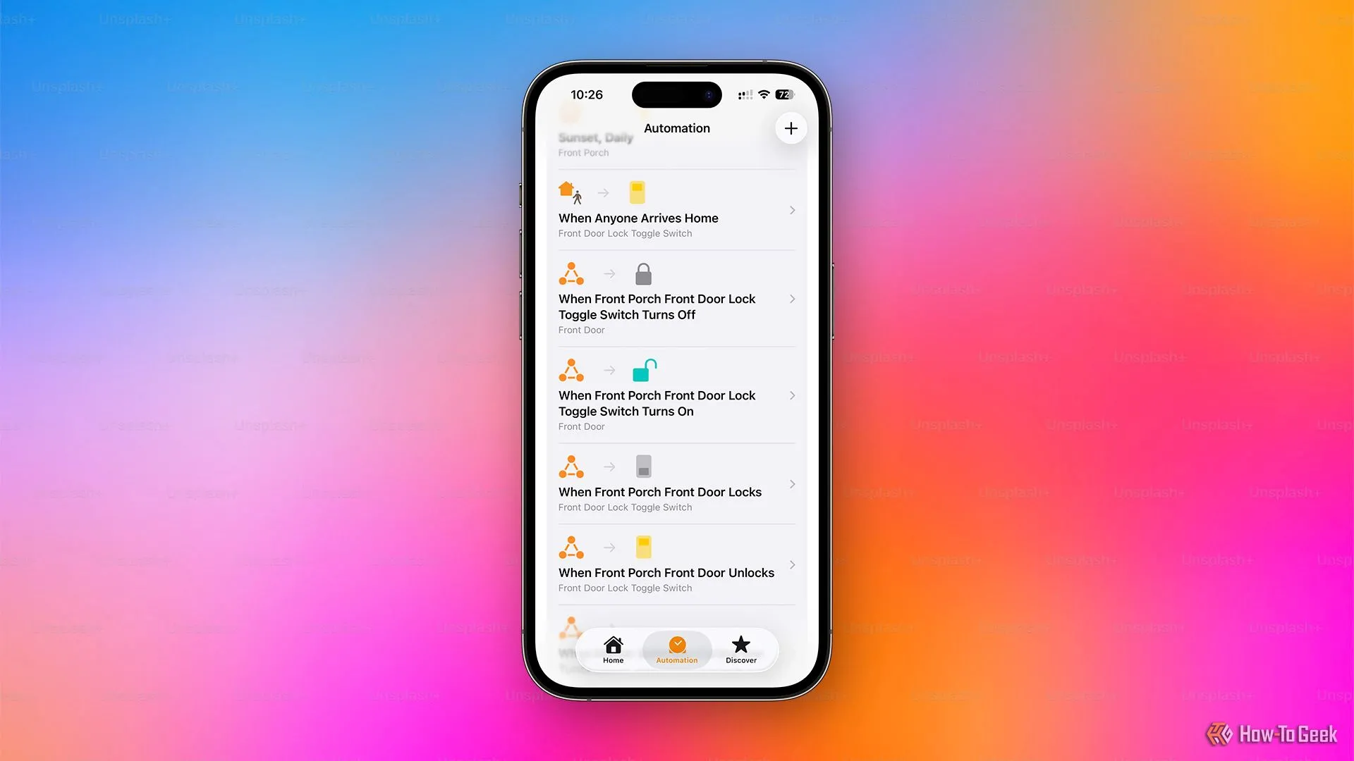Màn hình ứng dụng Apple HomeKit hiển thị các tự động hóa mở khóa cửa tự động