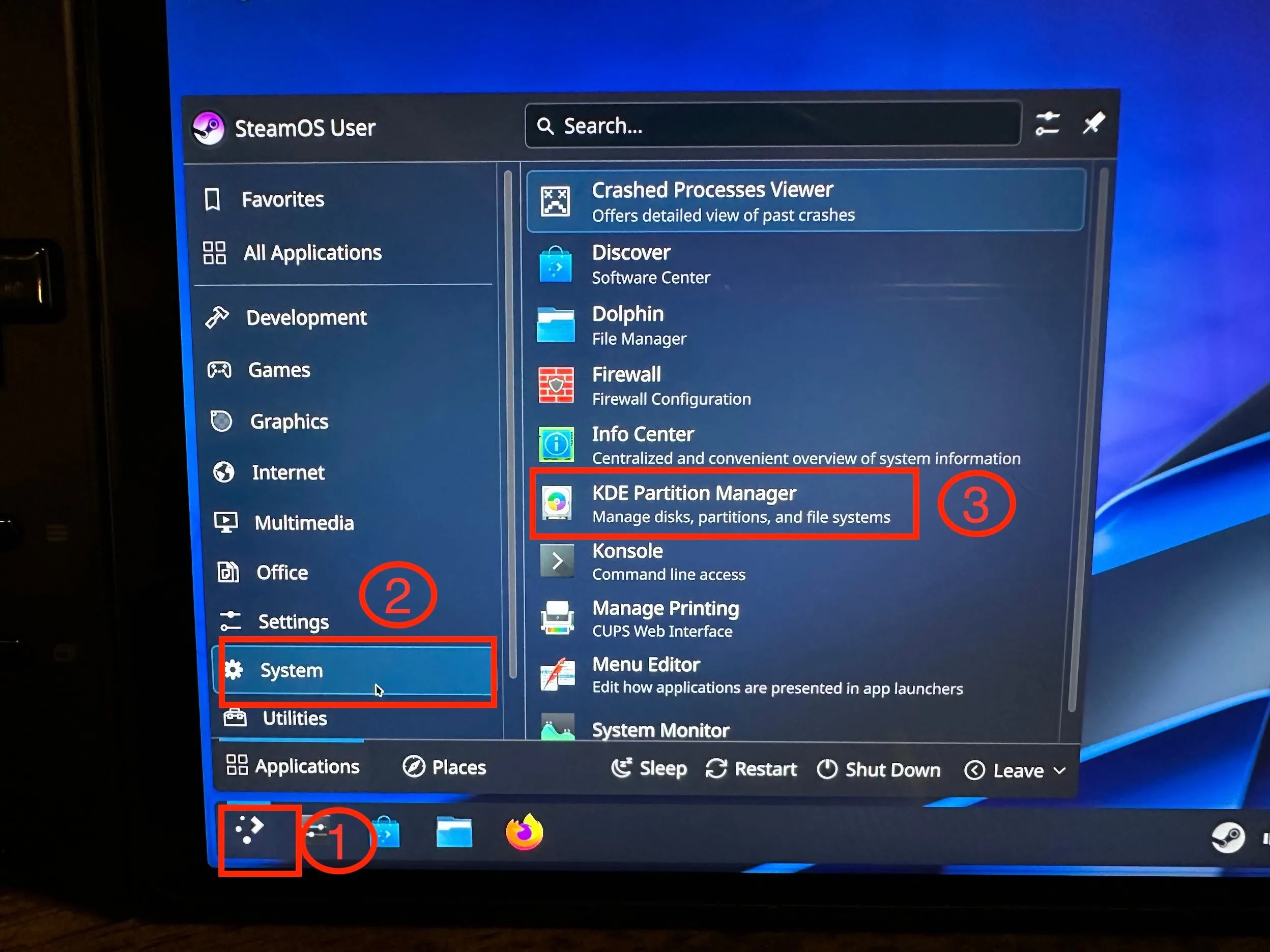Màn hình ứng dụng quản lý phân vùng KDE Partition Manager trên SteamOS, sẵn sàng cho việc định dạng lại thẻ SD.