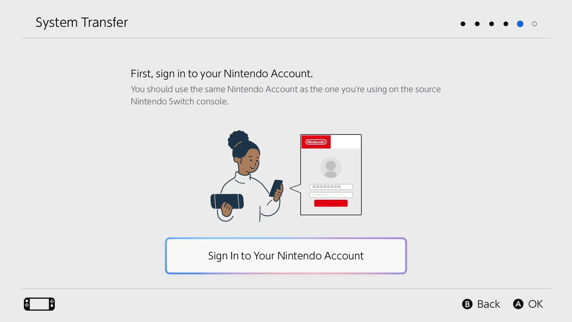 Màn hình yêu cầu đăng nhập tài khoản Nintendo trên Nintendo Switch 2 trong quá trình chuyển dữ liệu hệ thống.