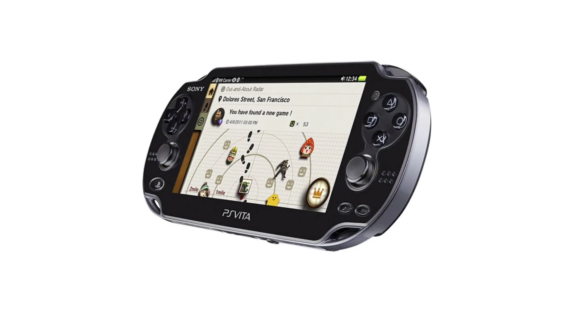 Máy chơi game cầm tay PlayStation Vita màu đen đang hiển thị trò chơi từ góc nhìn nghiêng