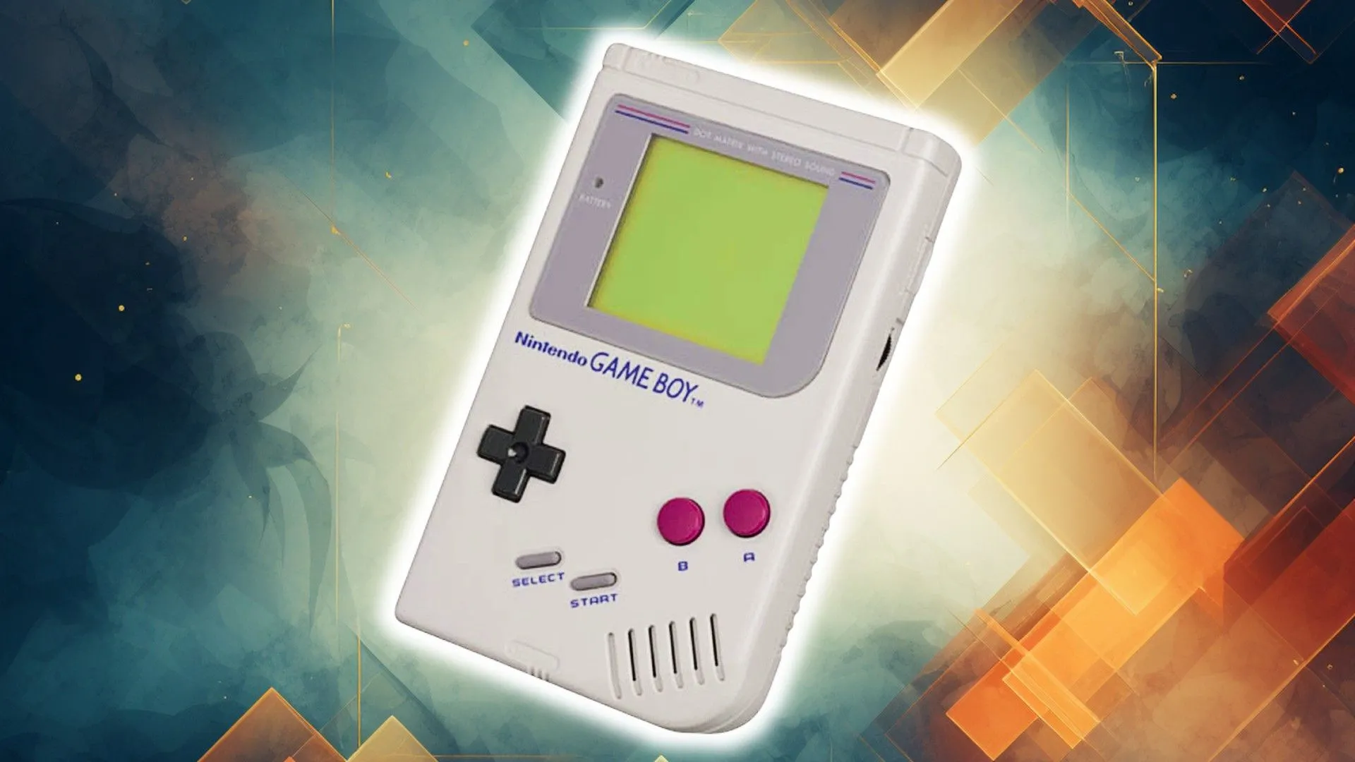 Máy chơi game Game Boy màu xám đặt trên nền hình lục giác xanh và cam.