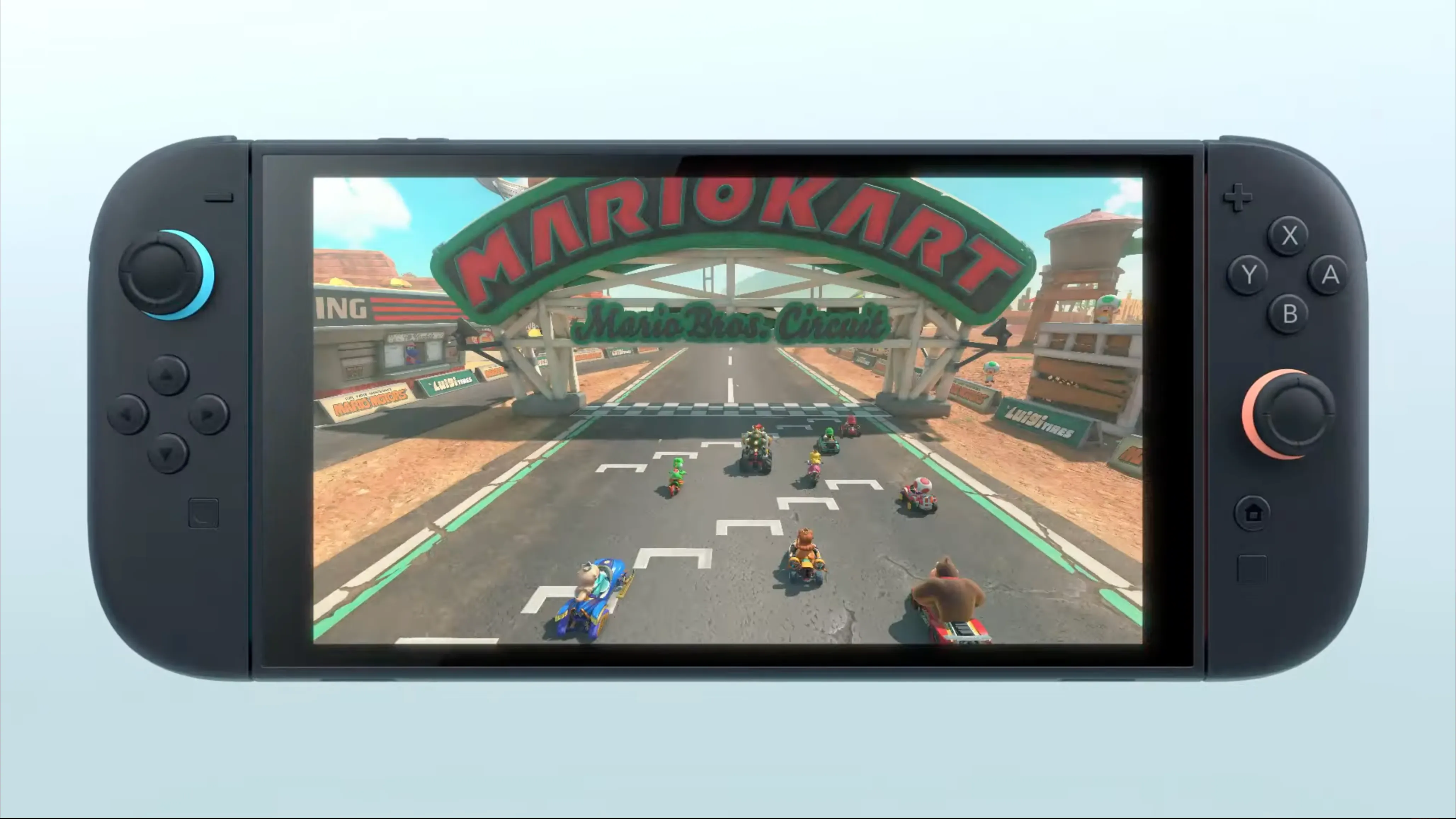 Máy chơi game Nintendo Switch 2 cùng hình ảnh Mario Kart trên màn hình.